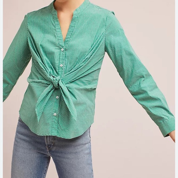 Maeve Anthropologie Katherine Knotted Blouse Women 4 Green White Striped Spring - Picture 1 of 4
